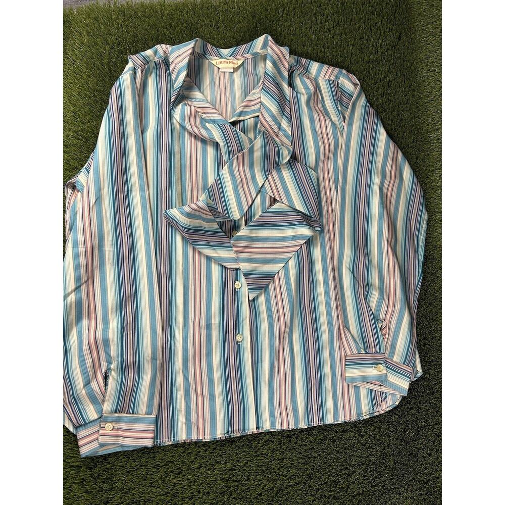 Vintage 1970’s LAURA MAE Striped Long sleeve Polyester Scarf Collar Size 38 - Picture 1 of 11